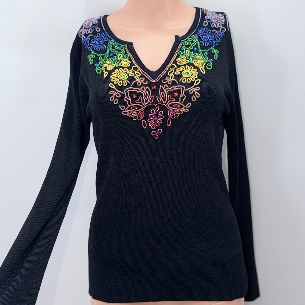 Lucia Burns Small Black Beaded Rainbow Floral Ribbed Knit Sweater Y2K Whimsigoth